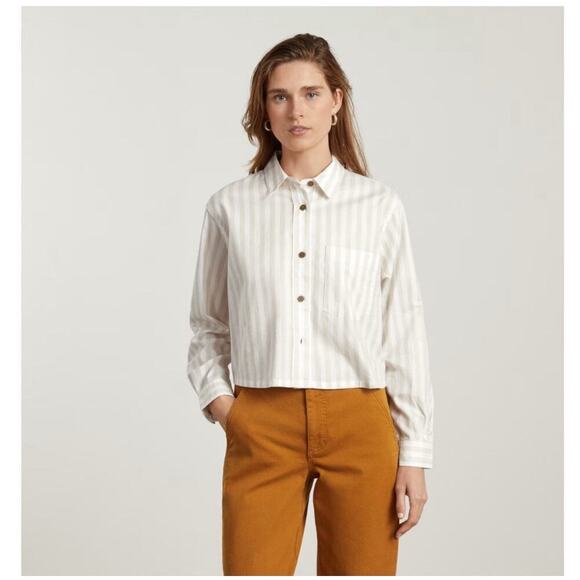 EVERLANE The Silky Cotton Way Short Shirt Sand White Khaki Stripe M Cropped - Picture 1 of 9